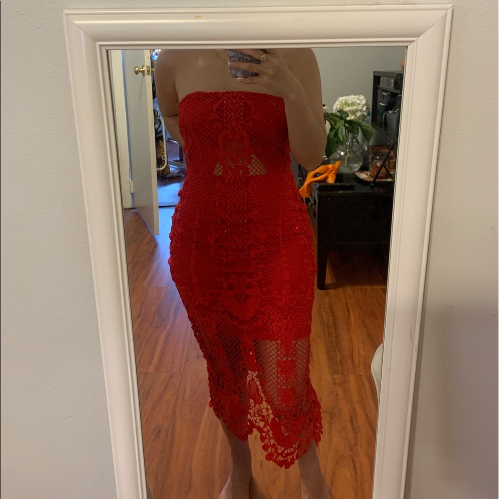 lace bandeau midi dress